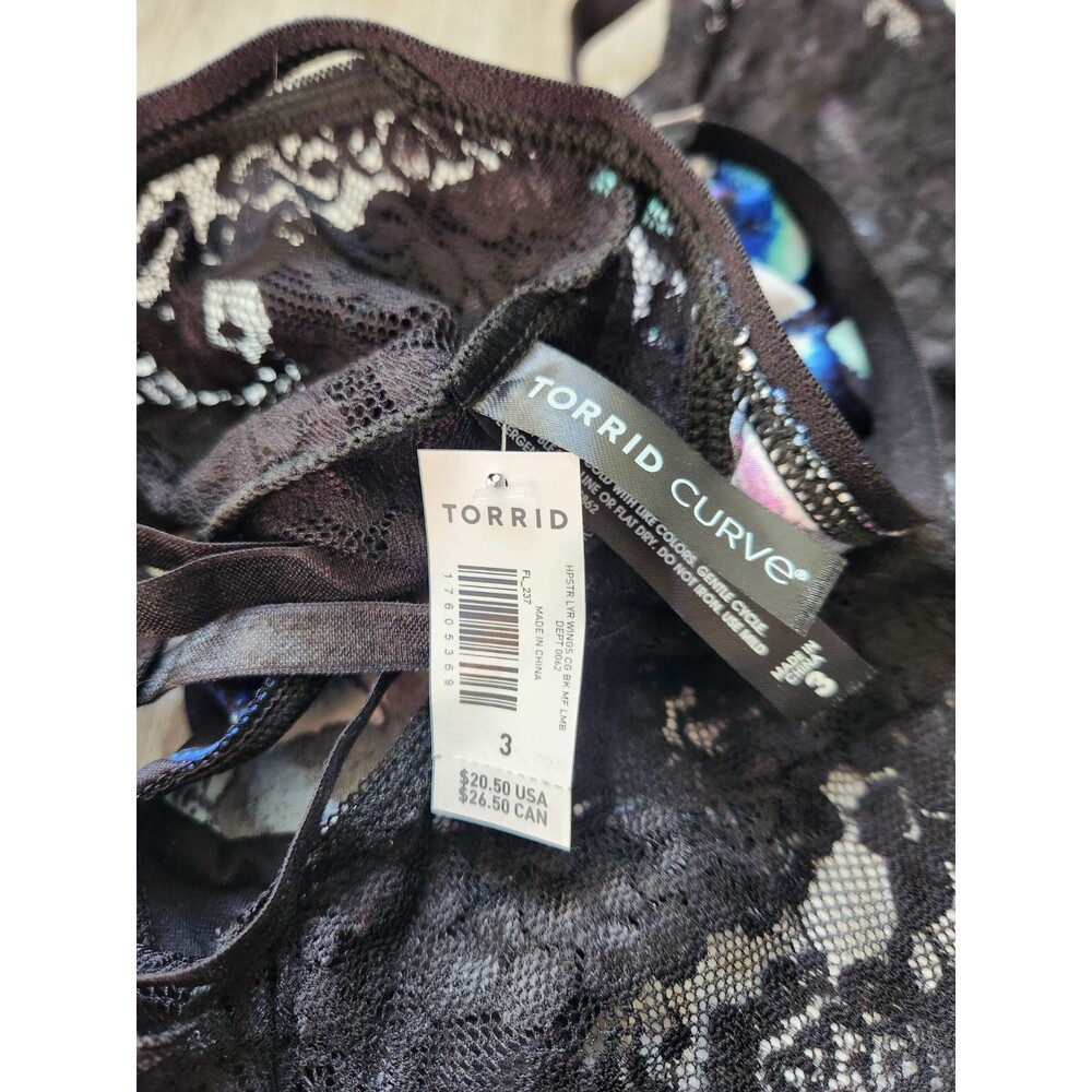 NWT Torrid Curve Hipster Panties Size 3 Black Lace Blue Floral Strappy Back - Picture 6 of 7